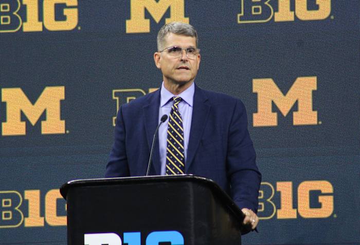 Michigan coach Jim Harbaugh at Big Ten Media Days in Chicago, Ill. 
